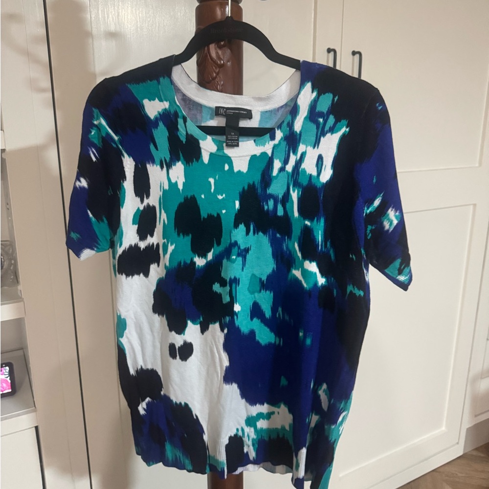INC International Concepts Teal and Navy Abstract Top